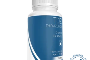 White bottle labelled "Thidiazuron (TDZ) 1g," a plant growth regulator, featuring chemical formula and purity info in a blue and white design.