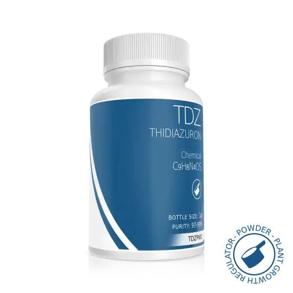 White bottle labelled "Thidiazuron (TDZ) 1g," a plant growth regulator, featuring chemical formula and purity info in a blue and white design.