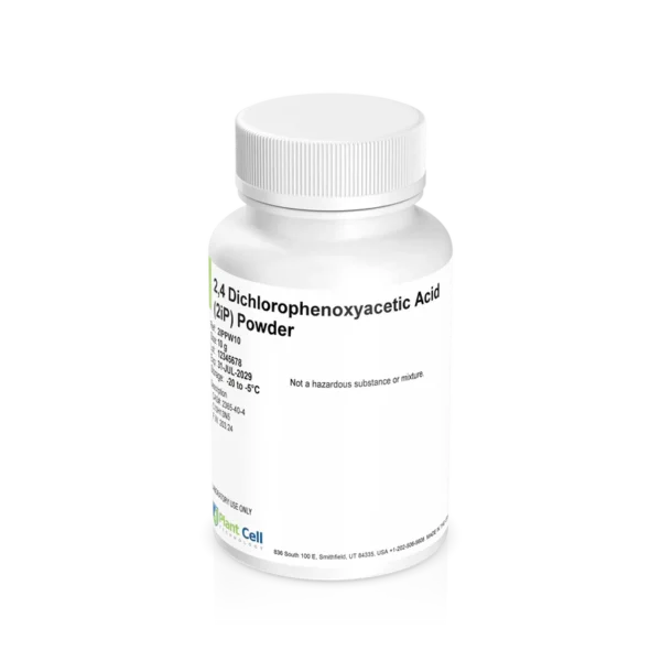 White bottle labelled Plant Cell Thidiazuron Solution (TDZ) 100 ml (Copy) on a plain background. Often used with Dichlorophenoxyacetic Acid (2,4-D) Powder in plant tissue culture applications.