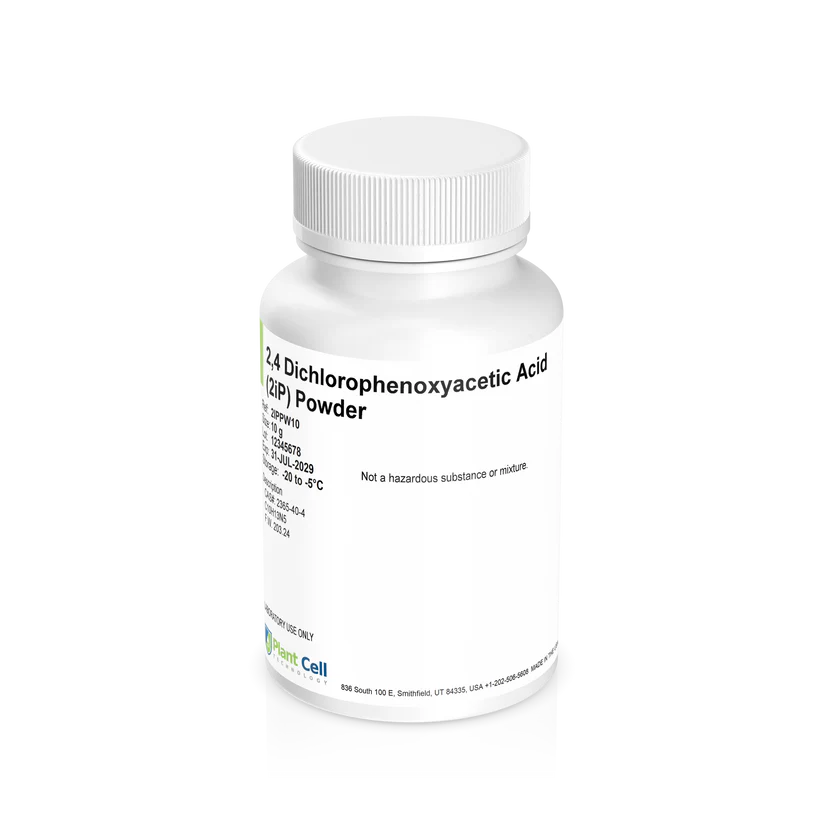 White bottle labelled Plant Cell Thidiazuron Solution (TDZ) 100 ml (Copy) on a plain background. Often used with Dichlorophenoxyacetic Acid (2,4-D) Powder in plant tissue culture applications.
