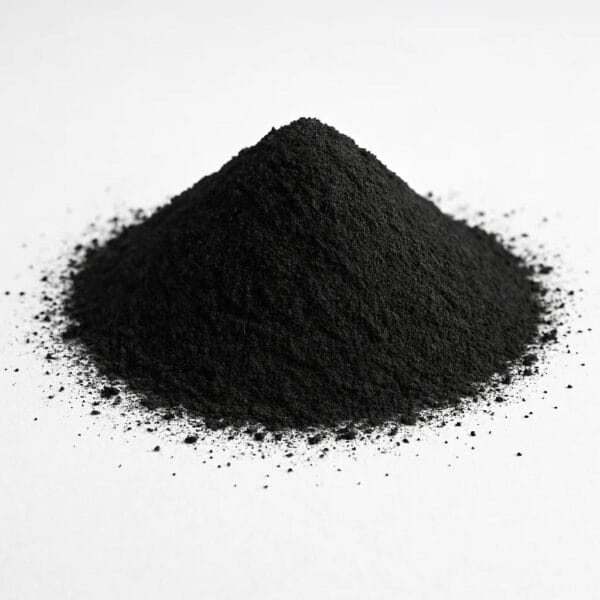 A small mound of Plantcell Activated Charcoal powder rests on a white surface.
