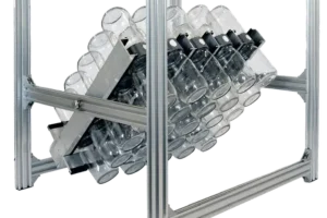 Sturdy metal frame for Plant Cell BioTilt™ 25 holds multiple glass bottles at an angle, ideal for lab or industrial use in plant cell research.