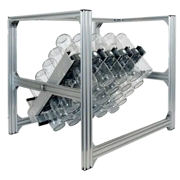 Sturdy metal frame for Plant Cell BioTilt™ 25 holds multiple glass bottles at an angle, ideal for lab or industrial use in plant cell research.