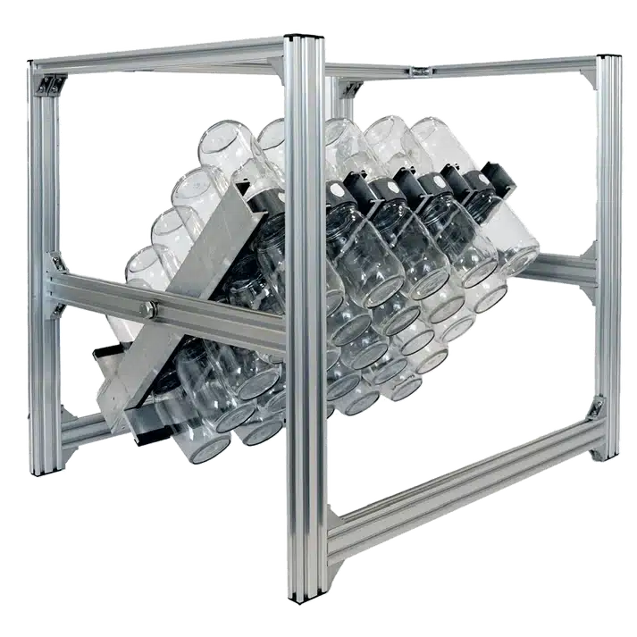 Sturdy metal frame for Plant Cell BioTilt™ 25 holds multiple glass bottles at an angle, ideal for lab or industrial use in plant cell research.