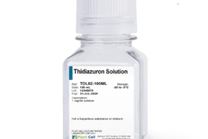 A 100 ml clear plastic bottle labelled Plant Cell Thidiazuron Solution (TDZ) with storage and safety info on the front.