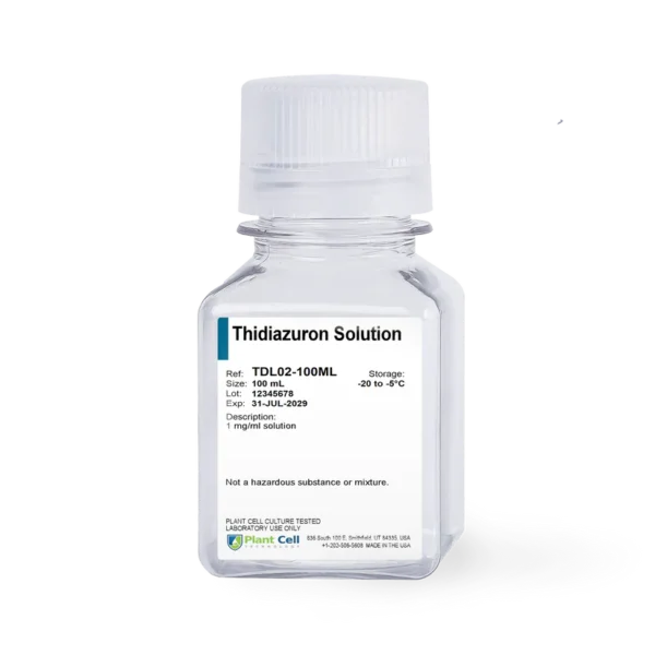 A 100 ml clear plastic bottle labelled Plant Cell Thidiazuron Solution (TDZ) with storage and safety info on the front.