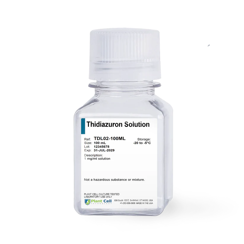 A 100 ml clear plastic bottle labelled Plant Cell Thidiazuron Solution (TDZ) with storage and safety info on the front.