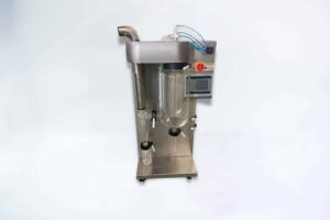 The Spray Dryer 2L Glass features a 2L glass chamber, user-friendly control panel, and a durable metal base with wheels for easy manoeuvrability.