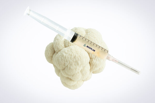 A syringe filled with liquid rests on top of a head of cauliflower against a white background.