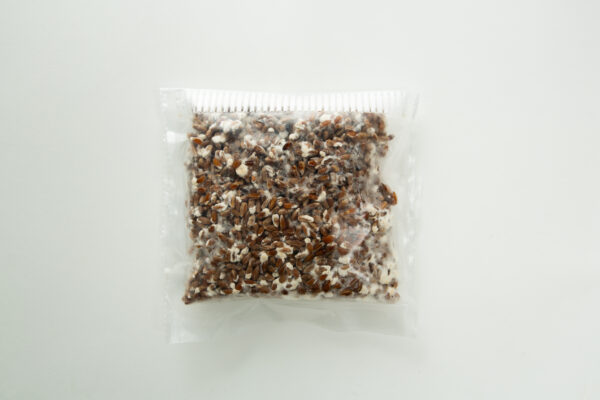 A sealed plastic bag filled with brown and white mushroom spores on a white background.