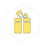 A yellow gift box with a bow on top, outlined in black, inside a hexagonal border—perfect for presenting premium mushroom supplies or as a special touch for Mushroom Supplies Australia.