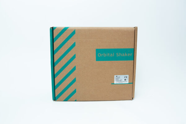 Brown cardboard box labelled Orbital Shaker with teal stripes on a plain white background.