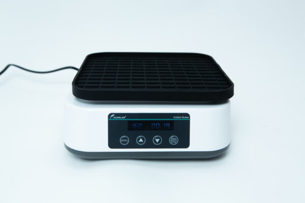 A white laboratory orbital shaker with a digital display and black platform on a white background.