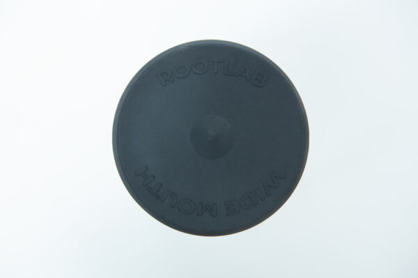 Black circular rubber lid for Silicone Mason Jar | Wide Mouth, featuring ROOTLAB and WIDE MOUTH embossed on top, designed to fit wide mouth jars.