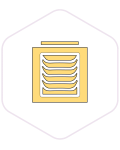 Yellow server rack icon with stacked trays, outlined in black, inside a hexagonal border—perfect for representing organised mushroom farming supplies or efficient mushroom growing supplies.